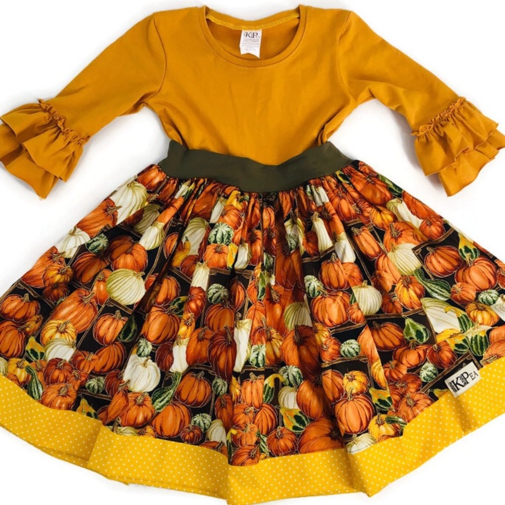 NEW KPea Original Pumpkin Print Ruffle Sleeve Thanksgiving Fall Holiday Dress